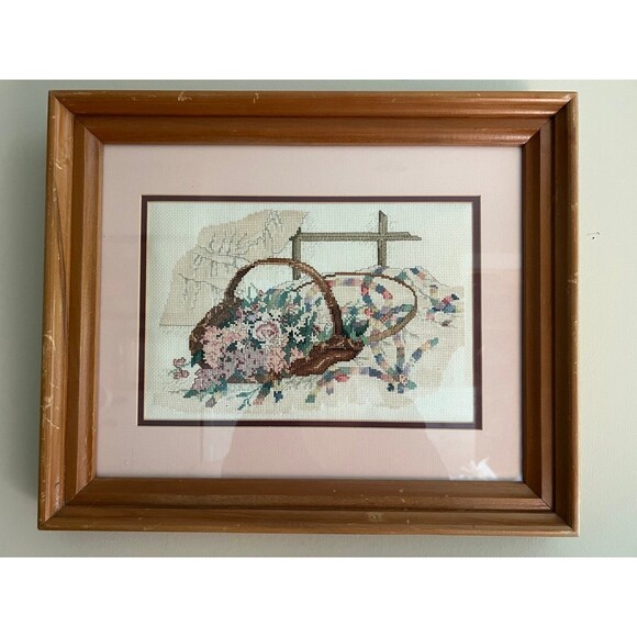 1990s Vintage Paula Vaughn Cross Stitch Pattern Framed Spring Flower Art Piece - Picture 2 of 5